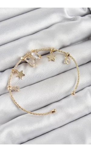 Pirinç Zirkon Taşlı Kelebek Ve Yıldız Model Gold Renk Charm Bileklik