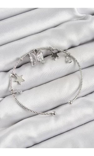 Pirinç Zirkon Taşlı Kelebek Ve Yıldız Model Gümüş Renk Charm Bileklik