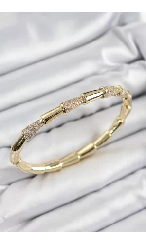 Pirinç Zirkon Taşlı Kemik Model Gold Renk Vip Kadın Bileklik