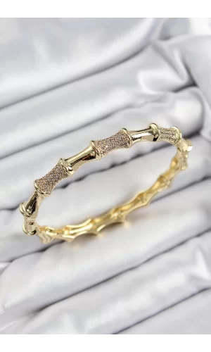 Pirinç Zirkon Taşlı Kemik Model Gold Renk Vip Kadın Bileklik