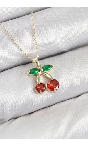 Pirinç Zirkon Taşlı Kiraz Model Gold Renk Kadın Kolye