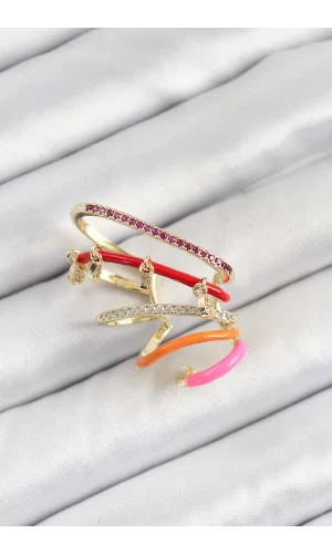 Pirinç Zirkon Taşlı Kırmızı Turuncu Pembe Sıkıştırma Sağ Kıkırdak Gold Renk Kadın Küpe