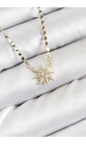 Pirinç Zirkon Taşlı Kutup Yıldızı Model Ezme Zincir Gold Renk Kadın Kolye