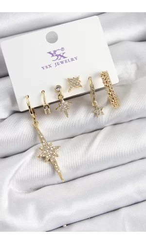 Pirinç Zİrkon Taşlı Kutup Yıldızı Model Gold Renk 3lü Çift Kadın Küpe