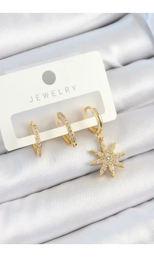Pirinç Zirkon Taşlı Kutup Yıldızı Model Gold Renk 3lü Çift Kadın Küpe Set