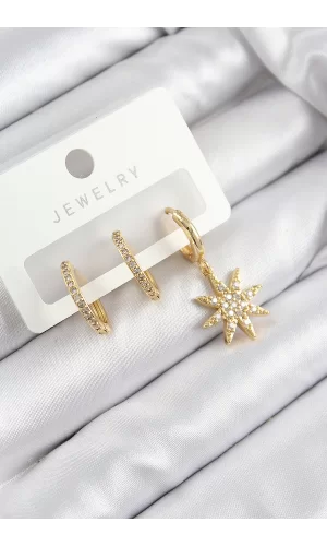Pirinç Zirkon Taşlı Kutup Yıldızı Model Gold Renk 3lü Set Kadın Küpe