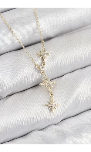 Pirinç Zirkon Taşlı Kutup Yıldızı Model Gold Renk Kadın Kolye