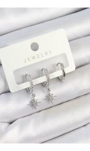 Pirinç Zirkon Taşlı Kutup Yıldızı Model Gümüş Renk 3lü Çift Kadın Küpe Set