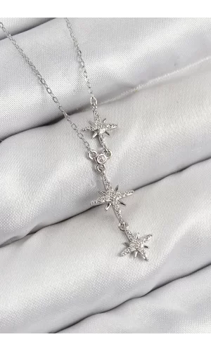 Pirinç Zirkon Taşlı Kutup Yıldızı Model Gümüş Renk Kadın Kolye