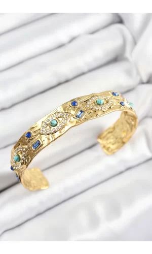 Pirinç Zirkon Taşlı Mavi Boncuklu Göz Model Gold Renk Altı Açık Kadın Bileklik