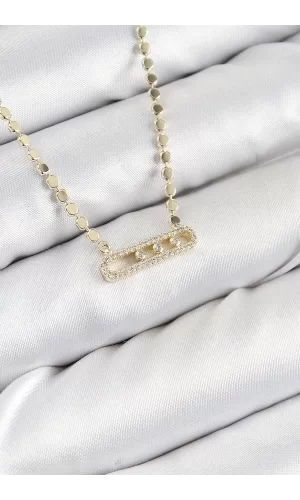 Pirinç Zirkon Taşlı Messika Model Ezme Zincir Gold Renk Kadın Kolye