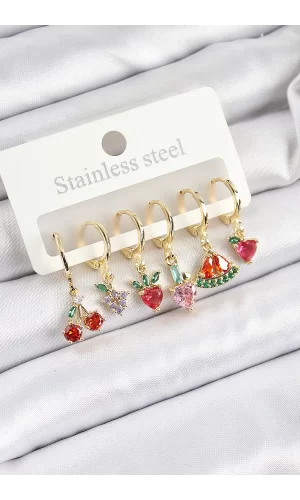 Pirinç Zirkon Taşlı Meyve Temalı Karışık Model Gold Renk 6lı Set Kadın Küpe
