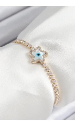 Pirinç Zirkon Taşlı Nazar Yıldız Model Gold Renk Asansörlü Kadın Bileklik
