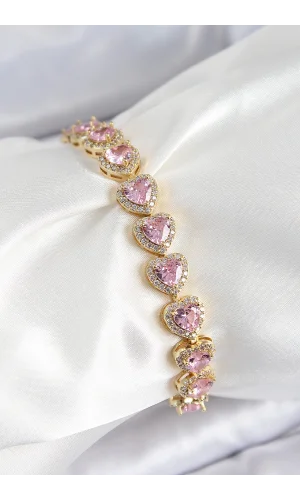 Pirinç Zirkon Taşlı Pembe Kalp Baget Model Gold Renk VIP Seri Kadın Bileklik