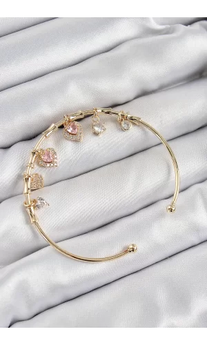 Pirinç Zirkon Taşlı Pembe Kalp Model Gold Renk Charm Bileklik