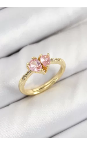 Pirinç Zirkon Taşlı Pembe Kalp Model Gold Renk Kadın Yüzük
