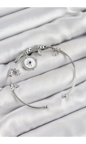Pirinç Zirkon Taşlı Pusula Model Gümüş Renk Charm Bileklik