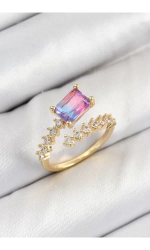 Pirinç Zirkon Taşlı Renkli Model Gold Renk Kadın Yüzük