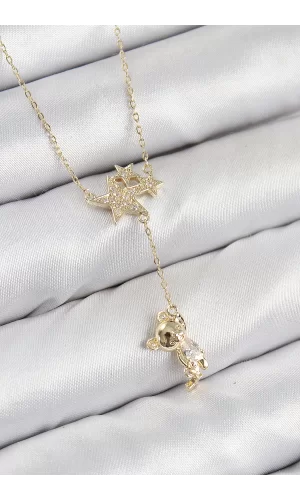 Pirinç Zirkon Taşlı Sallantılı Ayıcıklı Yıldız Model Gold Renk Kadın Kolye