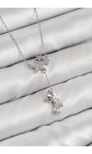 Pirinç Zirkon Taşlı Sallantılı Ayıcıklı Yıldız Model Gümüş Renk Kadın Kolye