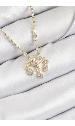 Pirinç Zirkon Taşlı Sallantılı Göz Model Ezme Zincir Gold Renk Kadın Kolye