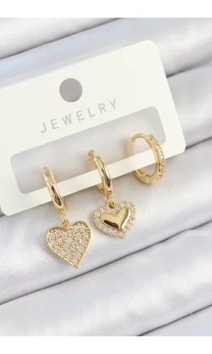 Pirinç Zirkon Taşlı Sallantılı Kalp Model Gold Renk 3lü Çift Kadın Küpe Set