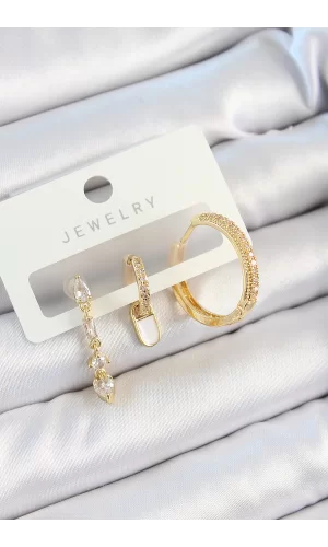 Pirinç Zirkon Taşlı Sallantılı Model Gold Renk 3lü Çift Kadın Küpe Set