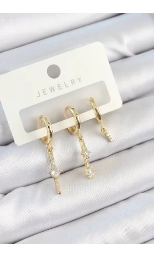 Pirinç Zirkon Taşlı Sallantılı Model Gold Renk 3lü Çift Kadın Küpe Set