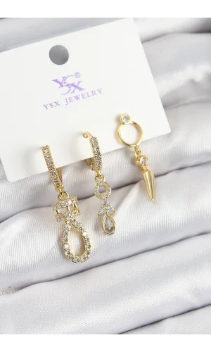 Pirinç Zİrkon Taşlı Sallantılı Model Gold Renk 3lü Kadın Küpe