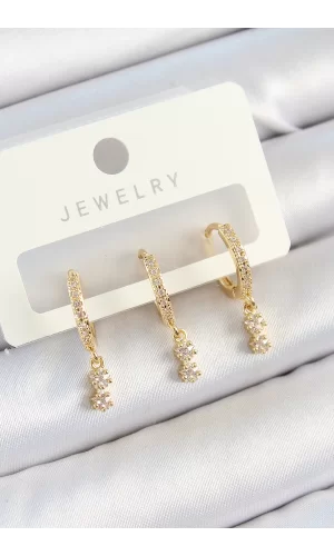 Pirinç Zirkon Taşlı Sallantılı Yıldız Model Gold Renk 3lü Çift Kadın Küpe Set
