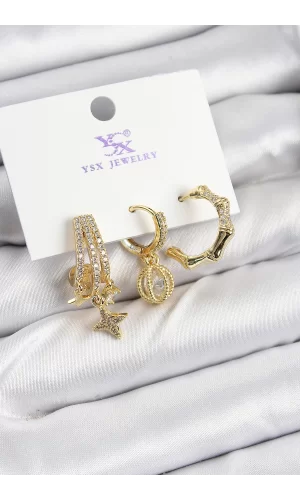 Pirinç Zİrkon Taşlı Sallantılı Yıldız Model Gold Renk 3lü Kadın Küpe