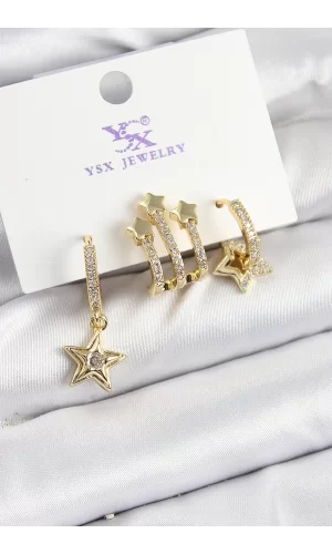 Pirinç Zİrkon Taşlı Sallantılı Yıldız Model Gold Renk 3lü Kadın Küpe