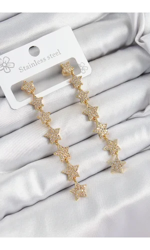 Pirinç Zirkon Taşlı Sallantılı Yıldız Model Gold Renk Kadın Küpe