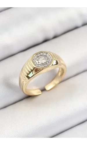 Pirinç Zirkon Taşlı Sekizgen Model Gold Renk Kadın Yüzük