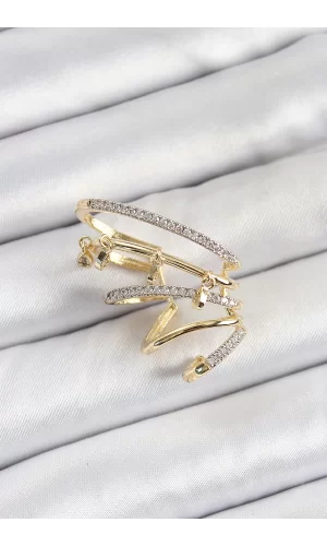 Pirinç Zirkon Taşlı Sıkıştırma Sağ Kıkırdak Gold Renk Kadın Küpe