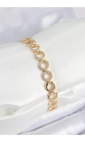 Pirinç Zirkon Taşlı Sıralı Halka Model Gold Renk Kadın Bileklik