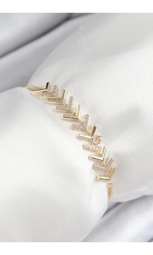 Pirinç Zirkon Taşlı Sıralı Ok Model Gold Renk Asansörlü Kadın Bileklik
