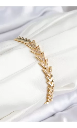 Pirinç Zirkon Taşlı Sıralı Ok Model Gold Renk Kadın Bileklik