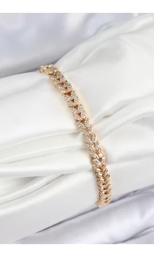 Pirinç Zirkon Taşlı Sıralı Yaprak Model Gold Renk Kadın Bileklik