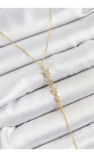 Pirinç Zirkon Taşlı Sıralı Yıldız Figürlü Y Model Gold Renk Kadın Kolye