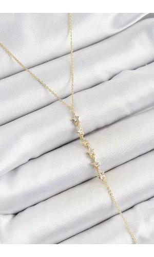Pirinç Zirkon Taşlı Sıralı Yıldız Figürlü Y Model Gold Renk Kadın Kolye