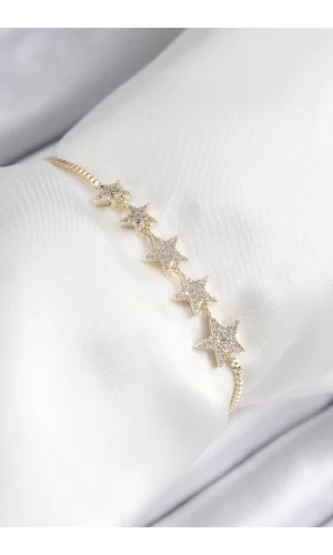 Pirinç Zirkon Taşlı Sıralı Yıldız Model Gold Renk Asansörlü Kadın Bileklik