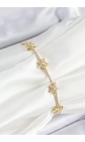 Pirinç Zirkon Taşlı Sıralı Yıldız Model Gold Renk Kadın Bileklik