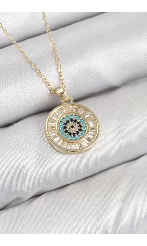 Pirinç Zirkon Taşlı Su Yolu Nazar Model Gold Renk Kadın Kolye