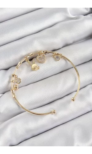 Pirinç Zirkon Taşlı Tavşan Ve Kalp Model Gold Renk Charm Bileklik