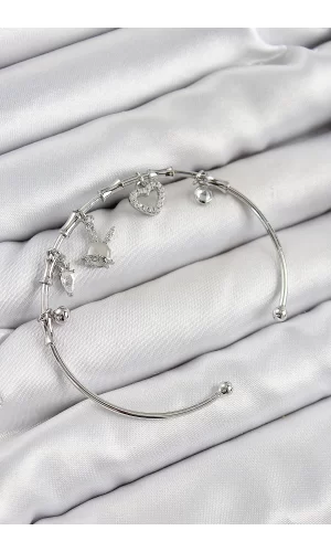 Pirinç Zirkon Taşlı Tavşan Ve Kalp Model Gümüş Renk Charm Bileklik