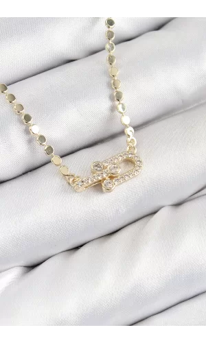 Pirinç Zirkon Taşlı Tifany Model Ezme Zincir Gold Renk Kadın Kolye