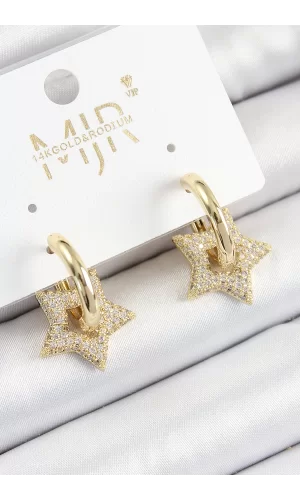 Pirinç Zirkon Taşlı Yıldız Figürlü Halka Model Gold Renk Kadın Küpe