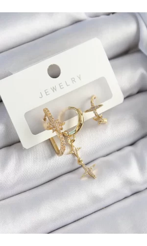Pirinç Zirkon Taşlı Yıldız Model Gold Renk 3lü Çift Kadın Küpe Set