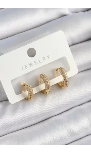 Pirinç Zirkon Taşlı Yıldız Model Gold Renk 3lü Çift Kadın Küpe Set